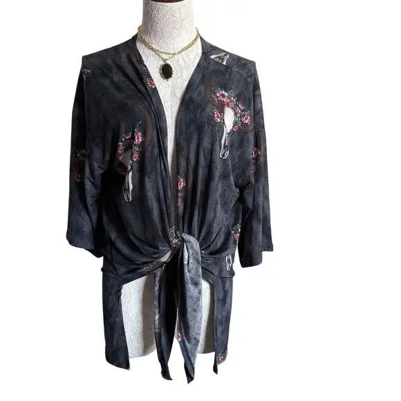Floral Longhorn Skull Print Kimono Cardigan Boho Western Core M Coastal Cowgirl - Picture 3 of 10